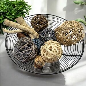 Decorative Wicker Balls in Wire Basket
